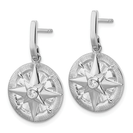 Sterling Silver Compass Rose Dangle Earrings with Cubic Zirconia, Nautical Star Design for Women