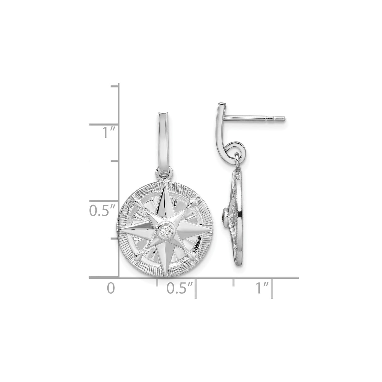 Sterling Silver Compass Rose Dangle Earrings with Cubic Zirconia, Nautical Star Design for Women