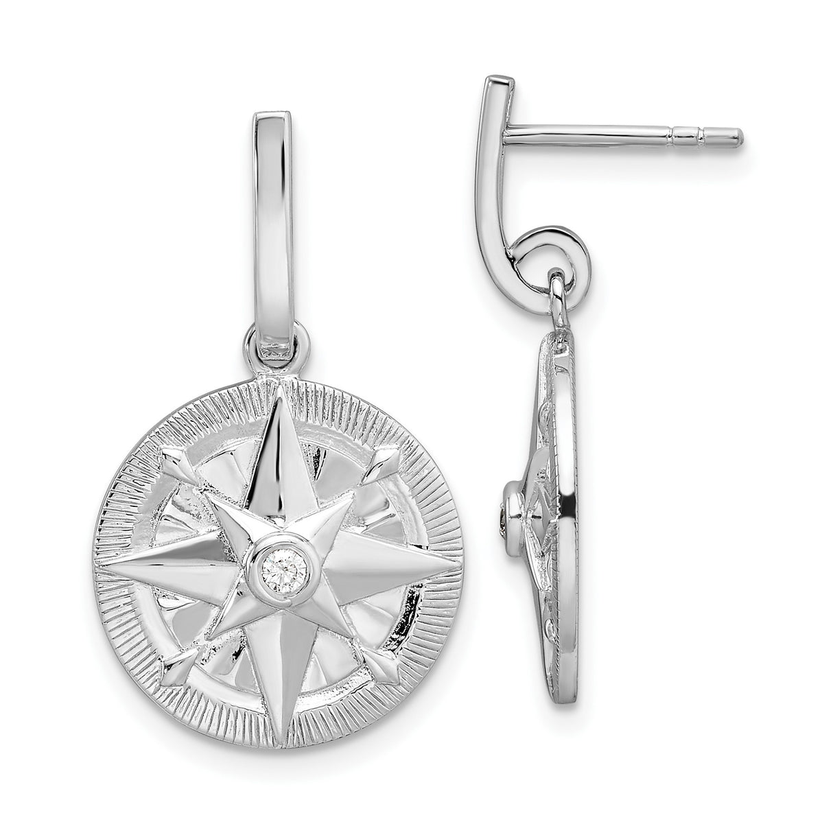 Sterling Silver Compass Rose Dangle Earrings with Cubic Zirconia, Nautical Star Design for Women