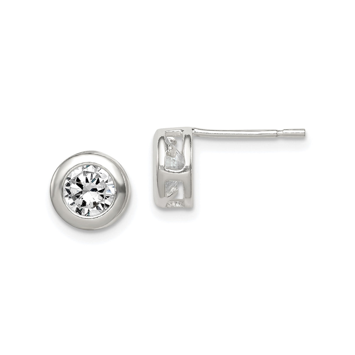 Sterling Silver Stud Earrings with Round Bezel Set Cubic Zirconia, Minimalist Modern Design