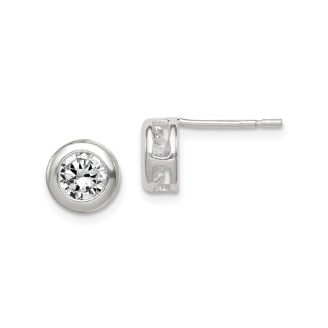 Sterling Silver Stud Earrings with Round Bezel Set Cubic Zirconia, Minimalist Modern Design