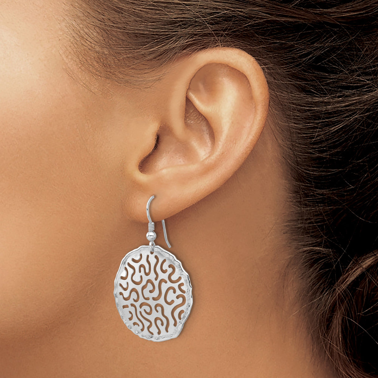 Sterling Silver Dangle Earrings with Round Abstract Cutout Design and Textured Rim