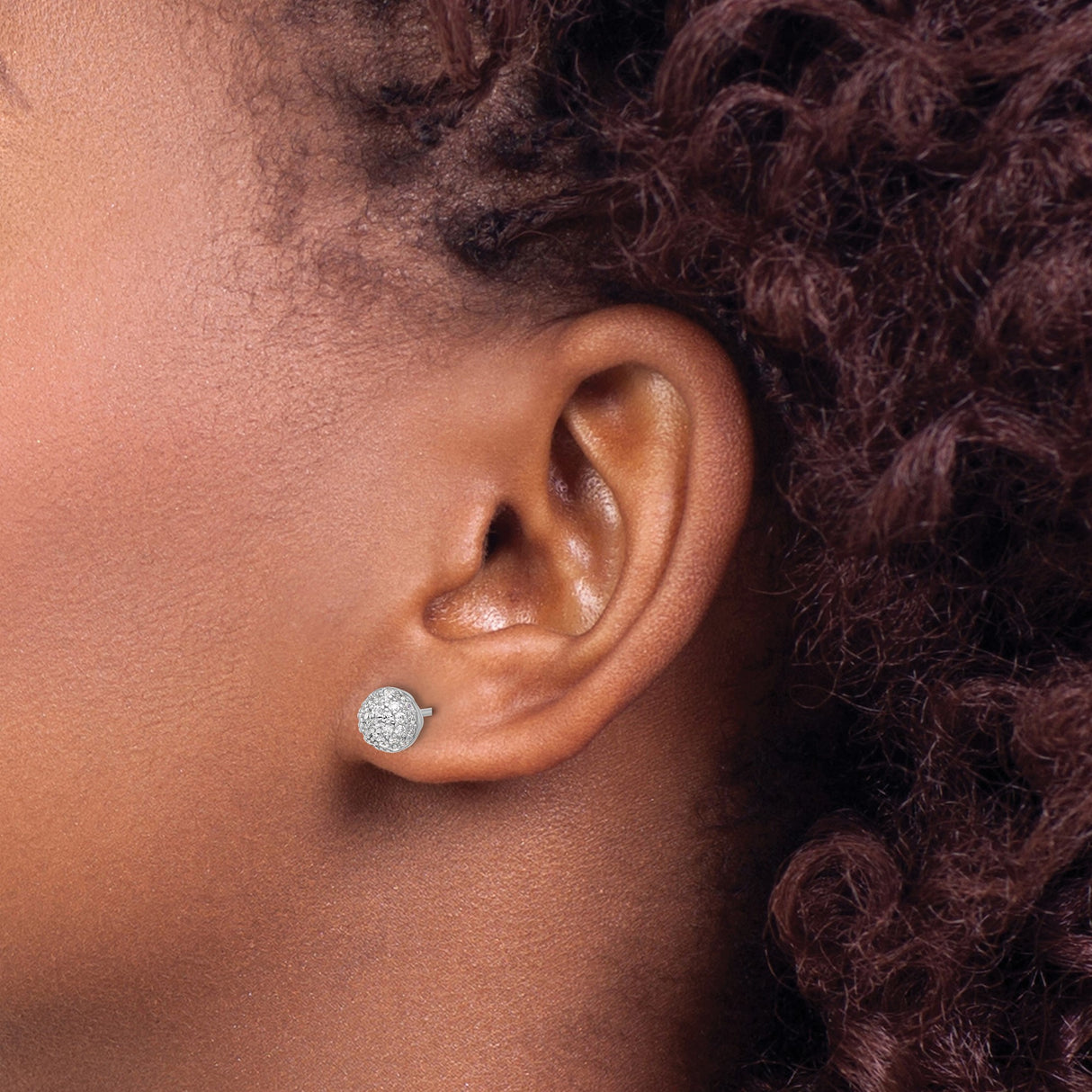 Sterling Silver Dome Stud Earrings with Pave-Set Cubic Zirconia, Lightweight Round Design