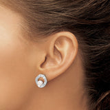 Sterling Silver Stud Earrings with White Freshwater Pearl, Textured Open Circle Design