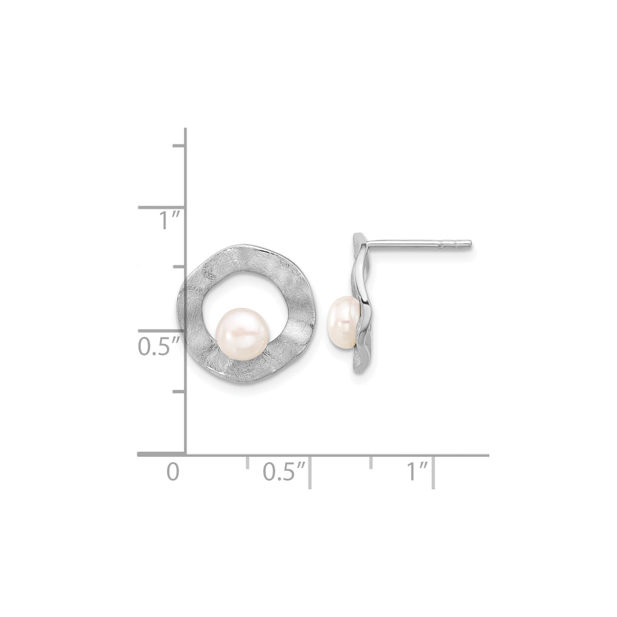 Sterling Silver Stud Earrings with White Freshwater Pearl, Textured Open Circle Design