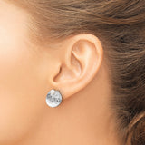Sterling Silver Stud Earrings with Freshwater Pearl, Crystal Accent, Hammered Disc, Floral Detail