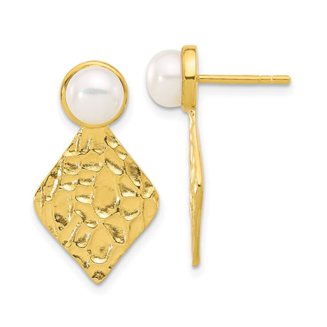Sterling Silver Drop Earrings with White Pearl Studs, Textured Geometric Dangle Design