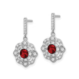 Sterling Silver Drop Earrings with Red Gemstone Center and Cubic Zirconia Accents, Vintage Inspired