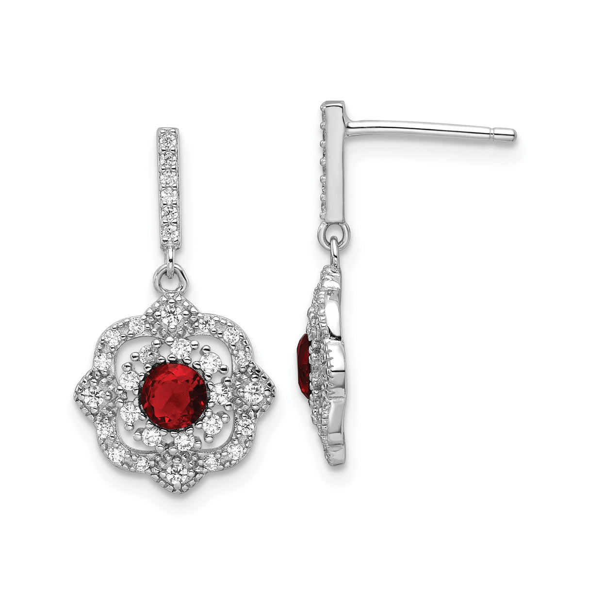 Sterling Silver Drop Earrings with Red Gemstone Center and Cubic Zirconia Accents, Vintage Inspired