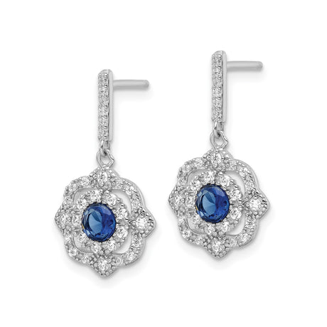 Sterling Silver Dangle Earrings with Blue Gemstone and Cubic Zirconia, Vintage Floral Design