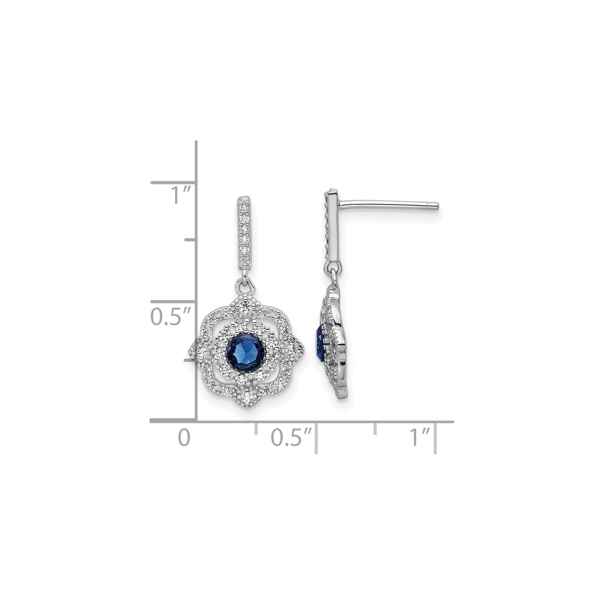 Sterling Silver Dangle Earrings with Blue Gemstone and Cubic Zirconia, Vintage Floral Design