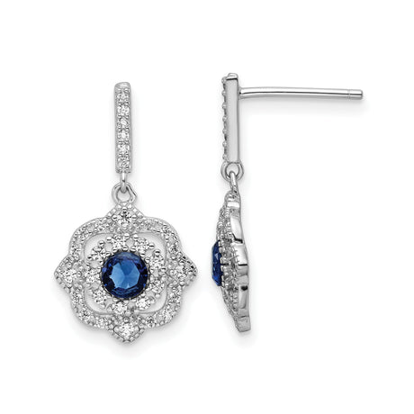 Sterling Silver Dangle Earrings with Blue Gemstone and Cubic Zirconia, Vintage Floral Design