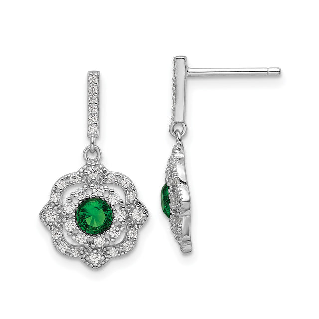 Sterling Silver Drop Earrings with Green Gemstone and Cubic Zirconia, Floral Dangle Design