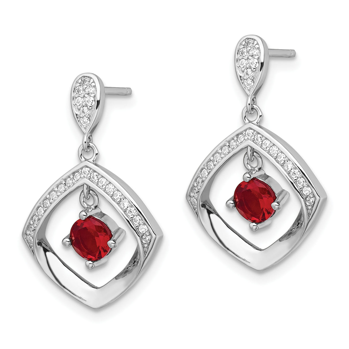 Sterling Silver Drop Earrings with Red Gemstone, Cubic Zirconia Accents, Marquise Design