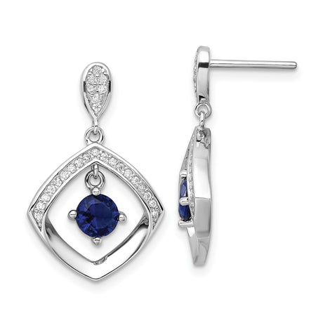 Sterling Silver Dangle Earrings with Deep Blue Round Gemstone and Cubic Zirconia Accents