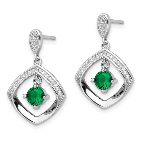 Sterling Silver Dangle Earrings with Cushion-Shaped Frame and Green Cubic Zirconia Center