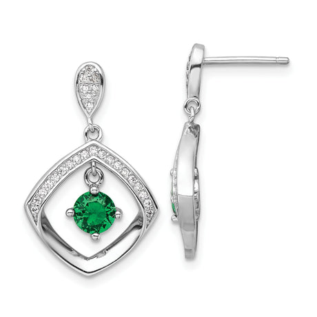 Sterling Silver Dangle Earrings with Cushion-Shaped Frame and Green Cubic Zirconia Center