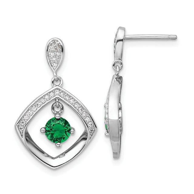 Sterling Silver Dangle Earrings with Cushion-Shaped Frame and Green Cubic Zirconia Center