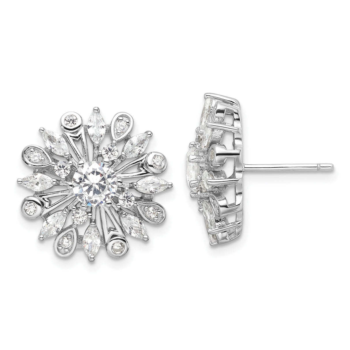 Sterling Silver Snowflake Stud Earrings with Cubic Zirconia, Marquise and Teardrop Accents