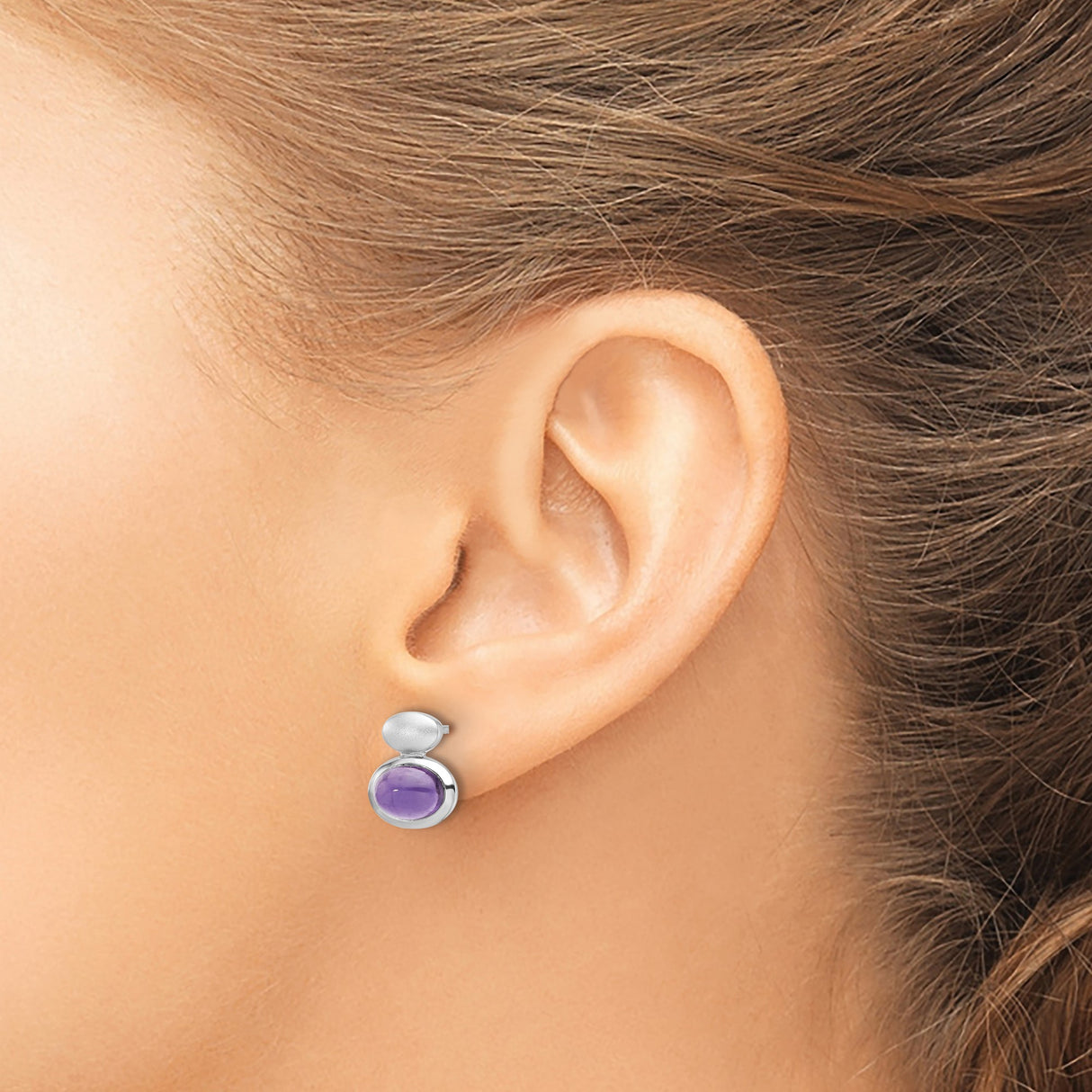 Sterling Silver Amethyst Stud Earrings, Oval Cabochon Bezel Set, Matte Finish, Minimalist Design