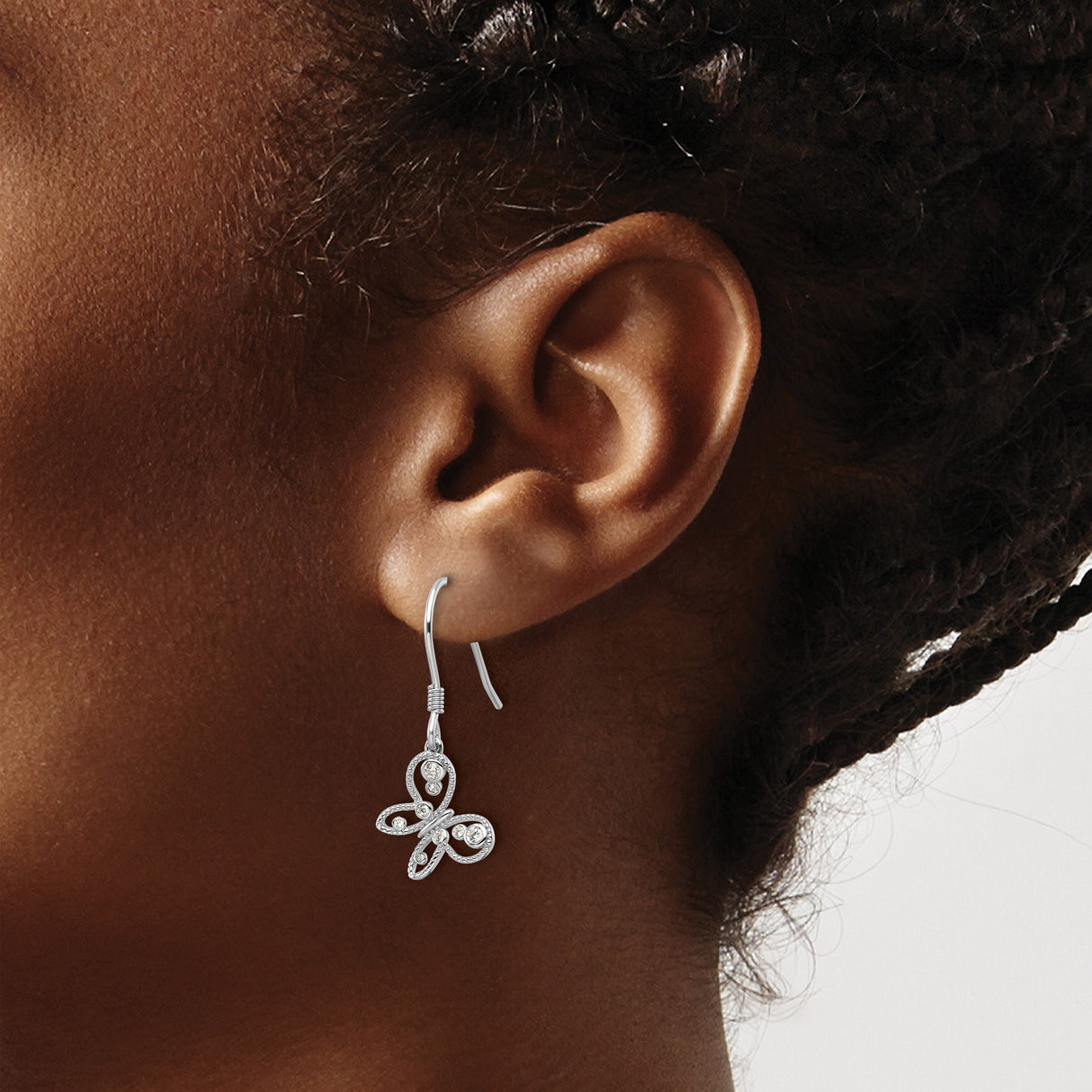 Sterling Silver Butterfly Dangle Earrings with Cubic Zirconia, Nature-Inspired Hook Drop Design