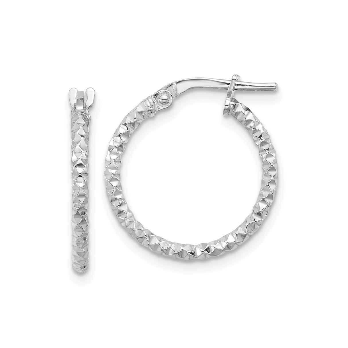 Sterling Silver Hoop Earrings, Diamond Cut Textured Round Hoops with Faceted Design