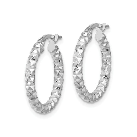 Sterling Silver Hoop Earrings with Diamond Cut Texture, Rhodium Plated Medium Size Hoops