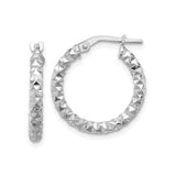 Sterling Silver Hoop Earrings with Diamond Cut Texture, Rhodium Plated Medium Size Hoops