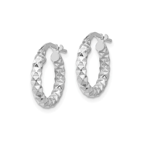 Sterling Silver Hoop Earrings, Diamond Cut Textured Faceted Design with Rhodium Finish