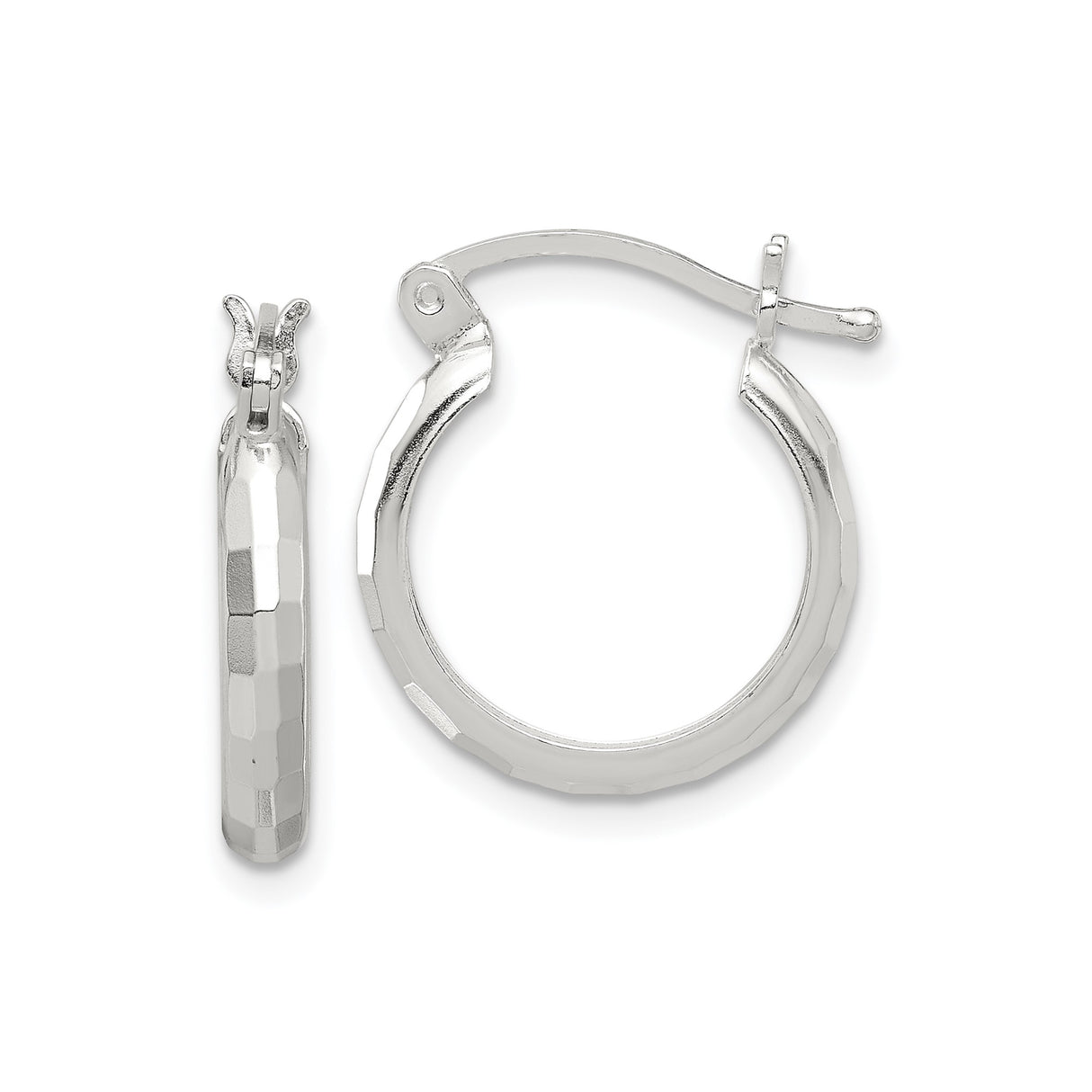 Sterling Silver Hoop Earrings with Faceted Textured Polished Finish, Hinged Closure, Lightweight Design