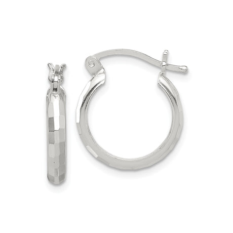 Sterling Silver Hoop Earrings with Faceted Textured Polished Finish, Hinged Closure, Lightweight Design
