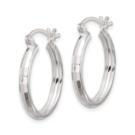 Sterling Silver Hoop Earrings, Diamond Cut Textured Round Design with Polished Finish