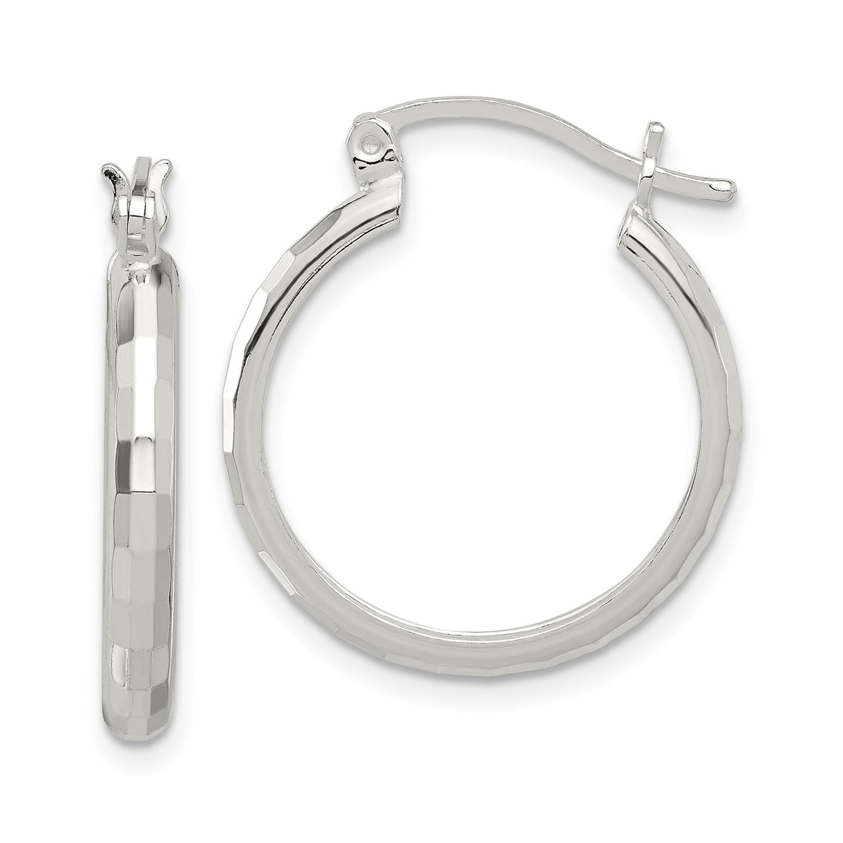 Sterling Silver Hoop Earrings, Diamond Cut Textured Round Design with Polished Finish