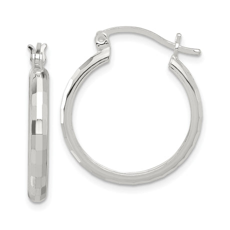 Sterling Silver Hoop Earrings, Diamond Cut Textured Round Design with Polished Finish