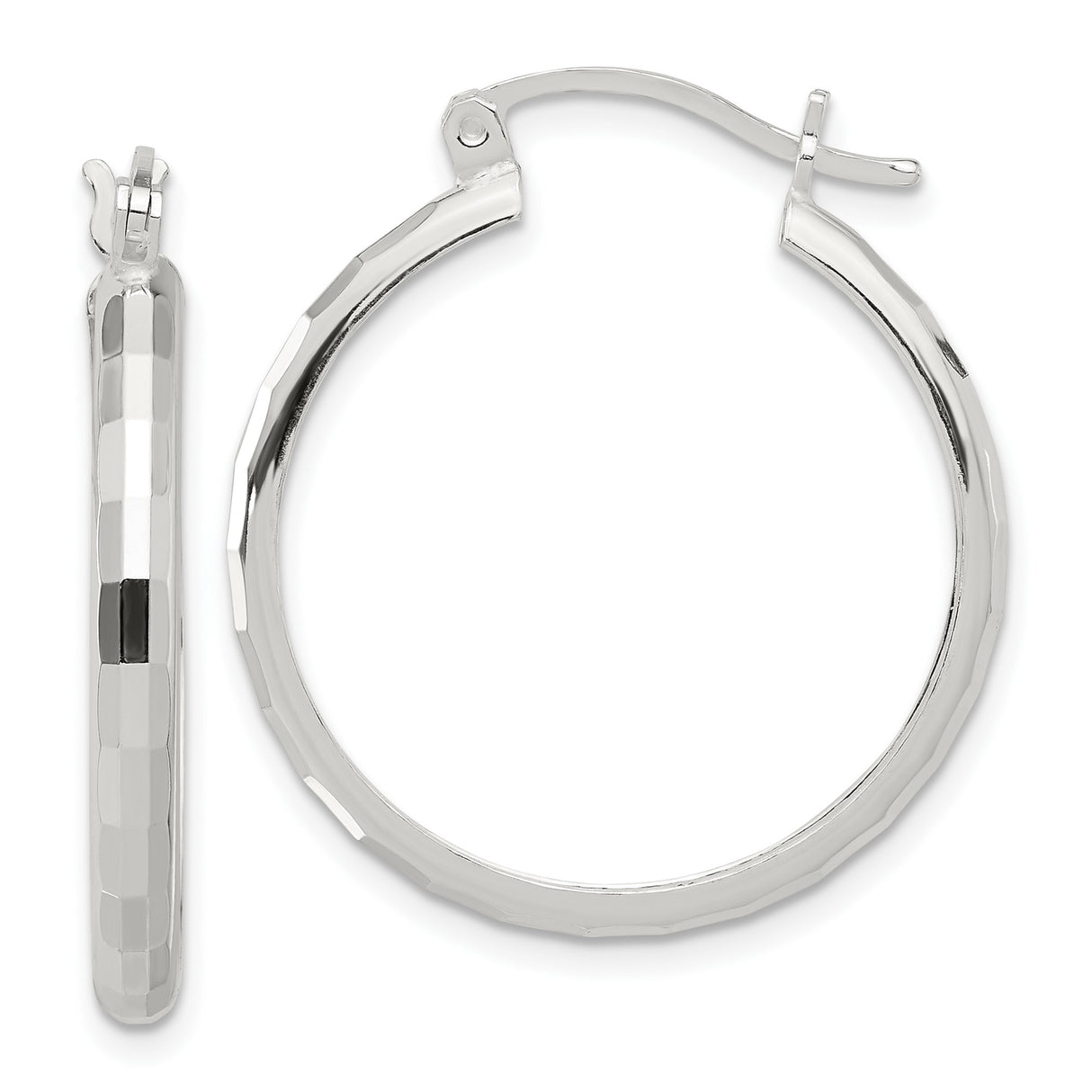 Sterling Silver Hoop Earrings, Faceted Round Design with Polished Finish, Lightweight and Minimalist