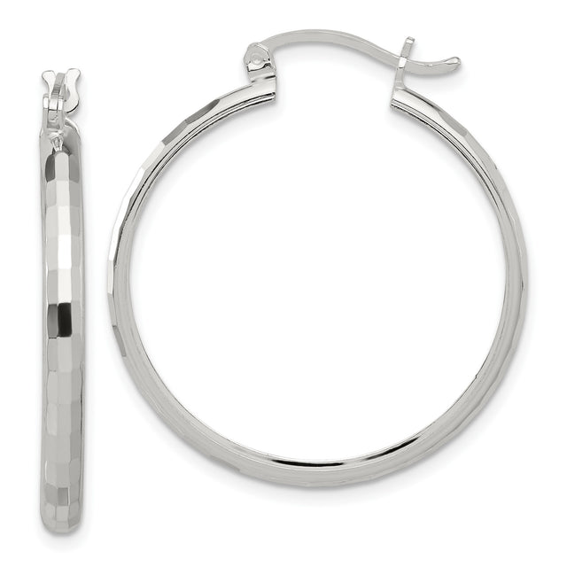 Sterling Silver Hoop Earrings with Faceted Hammered Finish, Lightweight Minimalist Design