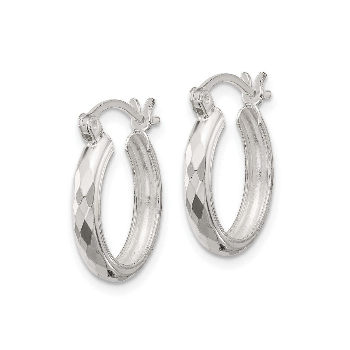 Sterling Silver Faceted Hoop Earrings, Diamond Cut Polished Design, Lightweight Classic Style