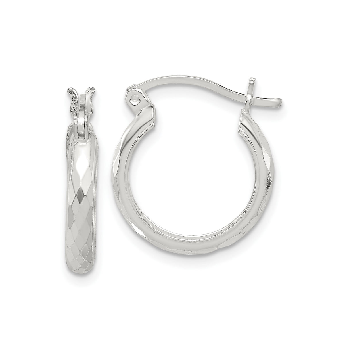 Sterling Silver Faceted Hoop Earrings, Diamond Cut Polished Design, Lightweight Classic Style