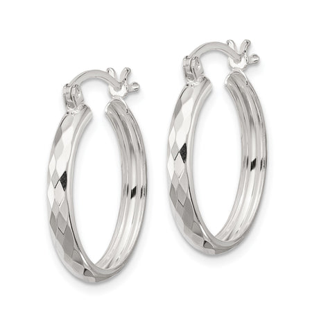 Sterling Silver Hoop Earrings, Diamond Cut Textured Finish, Medium Lightweight Everyday Style