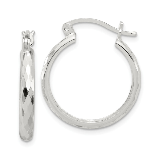 Sterling Silver Hoop Earrings, Diamond Cut Textured Finish, Medium Lightweight Everyday Style