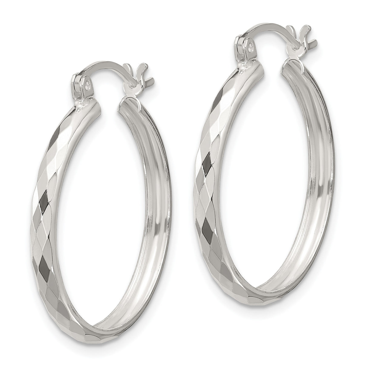 Sterling Silver Hoop Earrings, Diamond-Cut Textured Round Design with Polished Finish