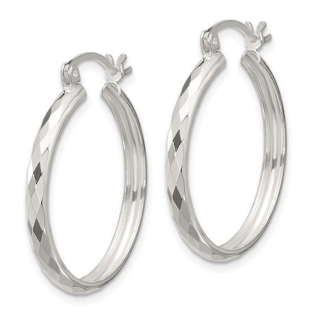 Sterling Silver Hoop Earrings, Diamond-Cut Textured Round Design with Polished Finish