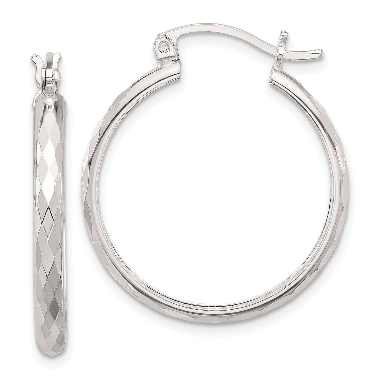 Sterling Silver Hoop Earrings, Diamond-Cut Textured Round Design with Polished Finish