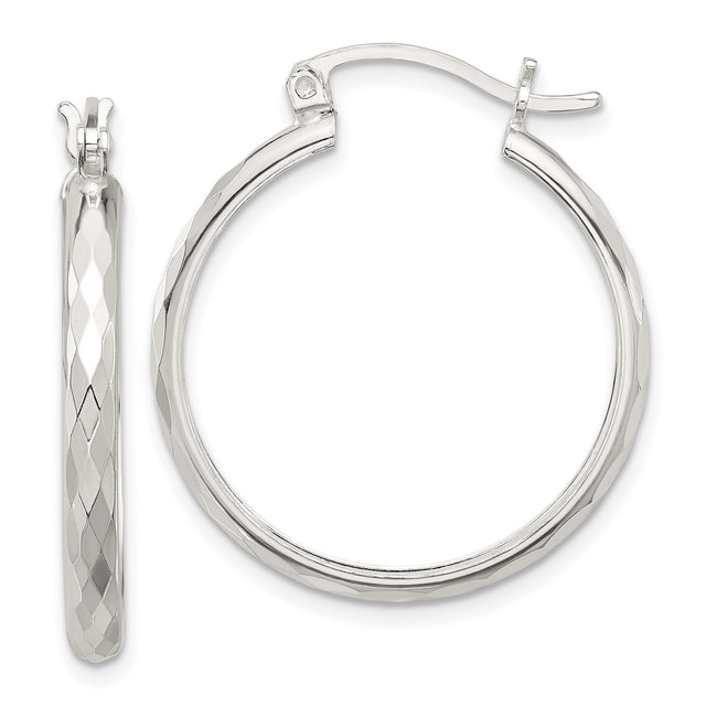 Sterling Silver Hoop Earrings, Diamond-Cut Textured Round Design with Polished Finish