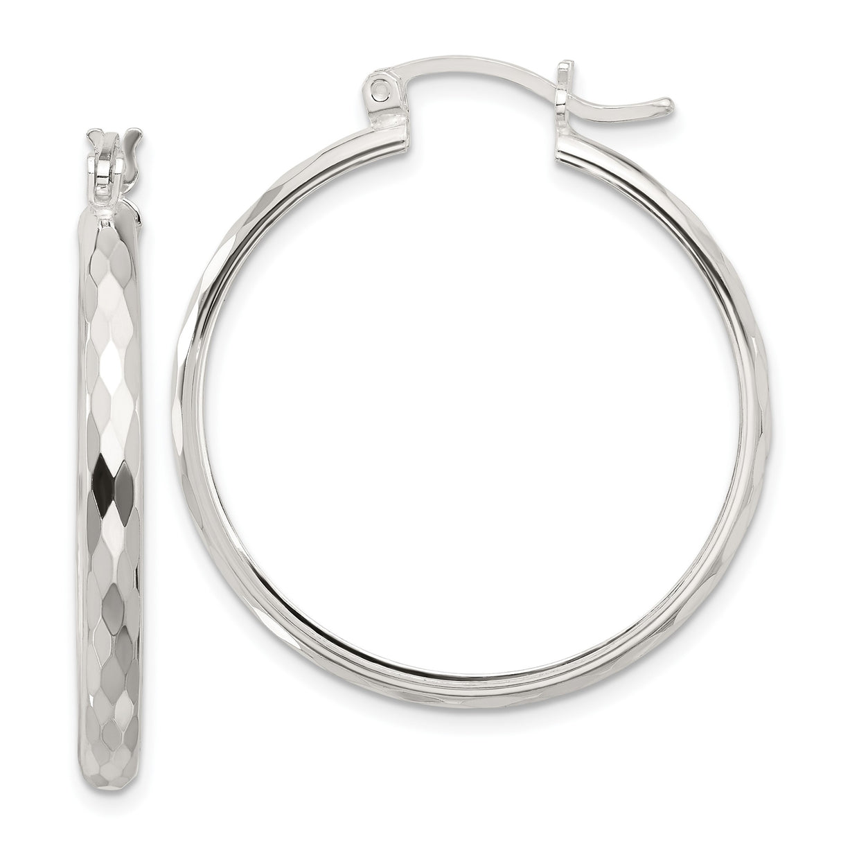 Sterling Silver Hoop Earrings, Diamond Cut Textured Design with High Polish Finish