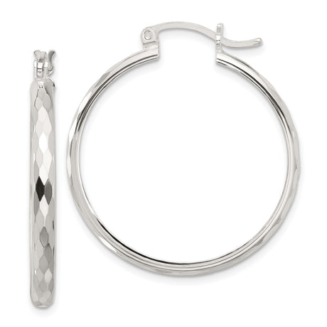 Sterling Silver Hoop Earrings, Diamond Cut Textured Design with High Polish Finish