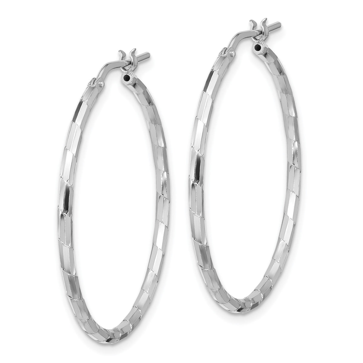 Sterling Silver Hoop Earrings, Rhodium Plated with Diamond Cut Textured Finish, Lightweight Design