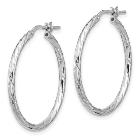Sterling Silver Hoop Earrings with Twisted Diamond Cut Design, Rhodium Plated Lightweight Style
