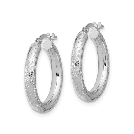 Sterling Silver Hoop Earrings, Textured Diamond Cut Design with Latch-Back Closure