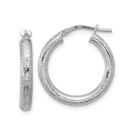 Sterling Silver Hoop Earrings, Textured Diamond Cut Design with Latch-Back Closure